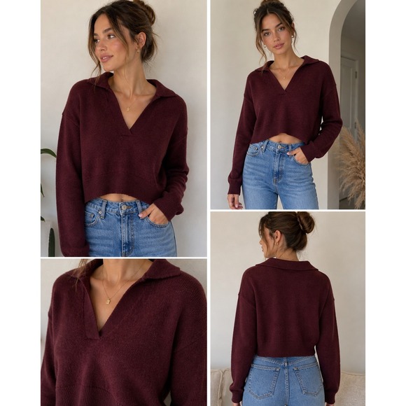 Wilfred Sweaters - Wilfred Aritzia Burgundy 100% Merino Wool Cropped Polo V-Neck Sweater Small